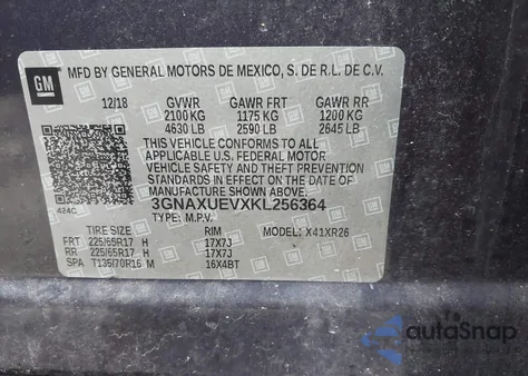 2019 Chevrolet Equinox Lt z USA, uszkodzony, nr VIN 3GNAXUEVXKL256364